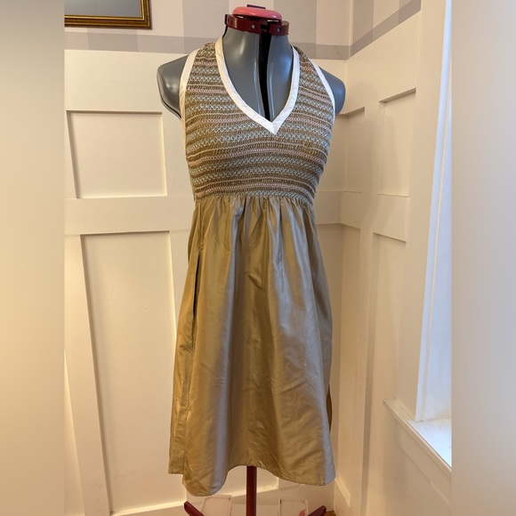 Vintage Cynthia Rowley Silk Tan and White Halter Dress Size 0 - Picture 2 of 6